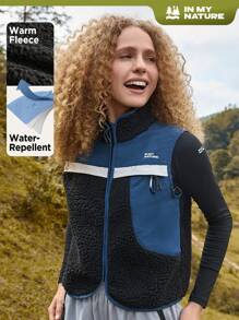 In My Nature Khối màu Đồ họa Chữ cái Tương phản ràng buộc Teddy Ngoài trời Áo vest - Màu xanh lam - Xem 1