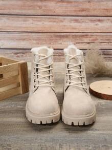 2025 Autumn/Winter New Fashionable Versatile Snow Boots, Fluffy Lining, Warm, Platform Design, Thickened Winter Shoes, Women Thick Sole Ankle Boots, Fashionable Side Zipper Fluffy Lining Boots, Comfortable Winter Short Boots,Fur Boots - Beige - View 7