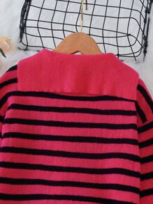 SHEIN Tween Girl Striped Pattern Drop Shoulder Cardigan - Hot Pink - View 7