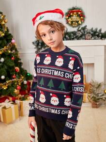 SHEIN Chicos 1 pieza Jersey con estampado de letra & Papá Noel de hombros caídos