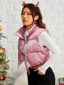 SHEIN EZwear 拉链天鹅绒背心夹棉大衣 - 藕粉色 - 查看 5