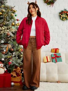 SHEIN EZwear Drop Shoulder Baseball Collar Zip Up Padded Coat - Red - View 6