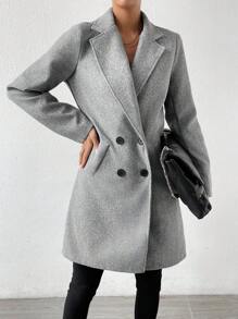 SHEIN Essnce Abrigo de cuello con solapa de doble botonadura - Gris - Ver 5