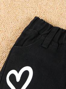 Baby Girl Heart Print Elastic Waist Jeans - Black - View 3