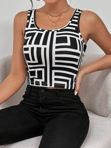 SHEIN Essnce 幾何印花短款背心 - 黑與白 - 查看 5