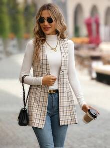 SHEIN Clasi 格紋印花雙排釦外套馬甲 - 卡其色 - 查看 4