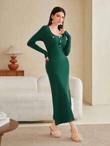 Mulvari Solid Button Front Scoop Neck Ribbed Knit Sweater Dress - Green - View 4