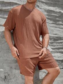 GENTILAND 男士大码素色T恤&短褲 - 棕色 - 查看 1