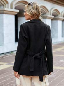 RueChic Lapel Neck Double Breasted Belted Overcoat - Black - View 2