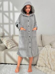 Heart Pattern Dual Pocket Hooded Flannel Lounge Robe, Cozy Outfit - Grey - View 6