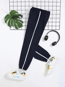 SHEIN Cậu bé Tween Băng tương phản Eo dây rút Quần thể thao - Màu xanh hải quân - Xem 2