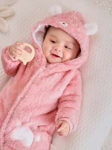 SHEIN Persoplay Kids Baby Mädchen PJ-Overall Cartoon Stickerei, 3D-Ohren Design, Kapuze, Flanell