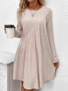 SHEIN LUNE Solid Ribbed Knit Smock Dress - Apricot - View 4