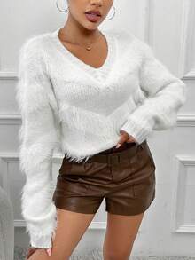 Allurite 毛茸邊落肩袖套頭毛衣 - 白色 - 查看 3