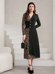 Modelyn Leopard Print Button Front Dress Maxi Women Outfit Long Evening Dresses - Black - View 1