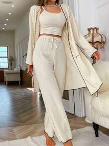 Contrast Binding Belted Robe & Cami Top & Pants Lounge Set Outfit, Fall Winter Clothes Cozy And Elegant Details - Beige - View 5