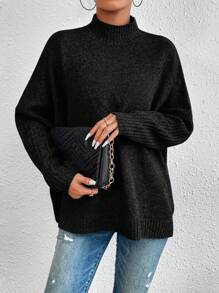 Cloudara Mock Neck Batwing Sleeve Sweater - Hitam - View 3