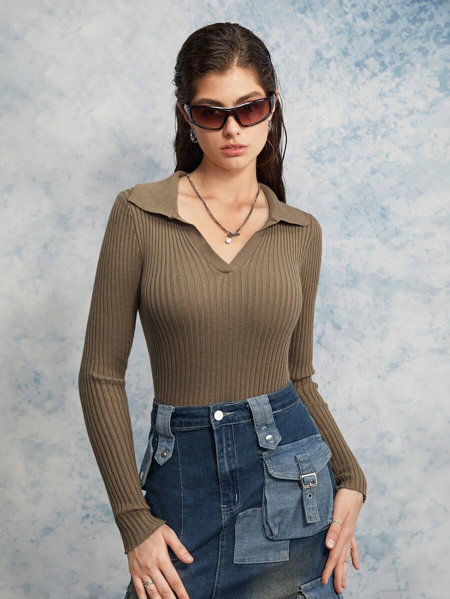 DAZY Damen einfarbiger Polokragen Langarm Pullover, Business Lässig Stil, Herbst, Langarm Oberteile, Herbstmode für Frauen - Khaki - Übersicht 1