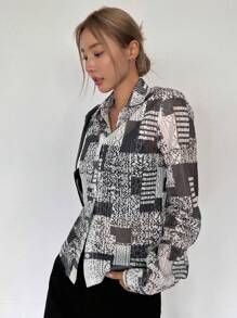 DAZY Colorblock Button Front Shirt Long Sleeve Top - Grey - View 3