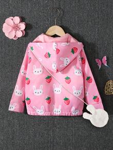 SHEIN Young Girl Cartoon Graphic Zip Up Hooded Jacket & Bag - Pink - View 2