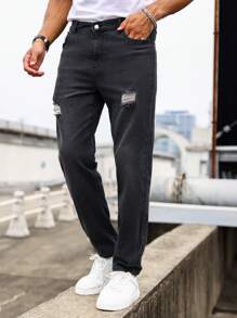 Manfinity Homme Men Ripped Frayed Straight Leg Jeans - Black - View 5