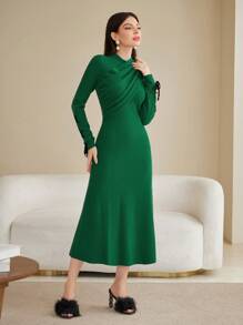 Modelyn 小高領交叉圍裹毛衣洋裝 - 綠色 - 查看 4