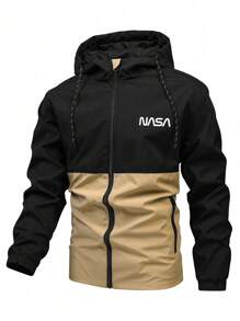 Manfinity Homme 男士字母图案双色抽绳连帽户外风衣外套, 户外风衣外套, 连帽衫, 男士户外风衣外套, 男士户外风衣外套连帽衫 - 黑色 - 查看 1