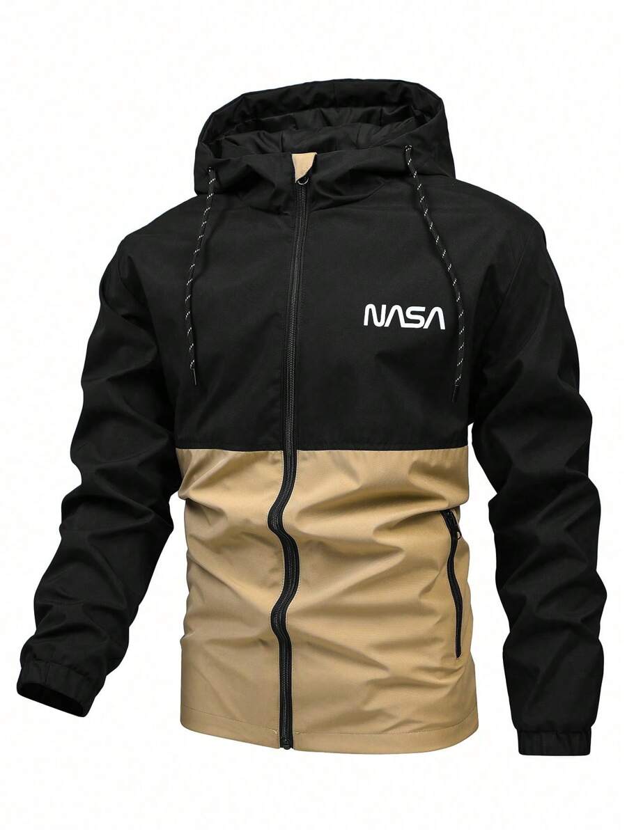 Manfinity Homme 男士字母图案双色抽绳连帽户外风衣外套, 户外风衣外套, 连帽衫, 男士户外风衣外套, 男士户外风衣外套连帽衫 - 黑色 - 查看 1