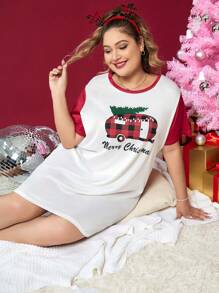 大碼聖誕圖案撞色滾邊睡裙 - 紅白色 - 查看 1