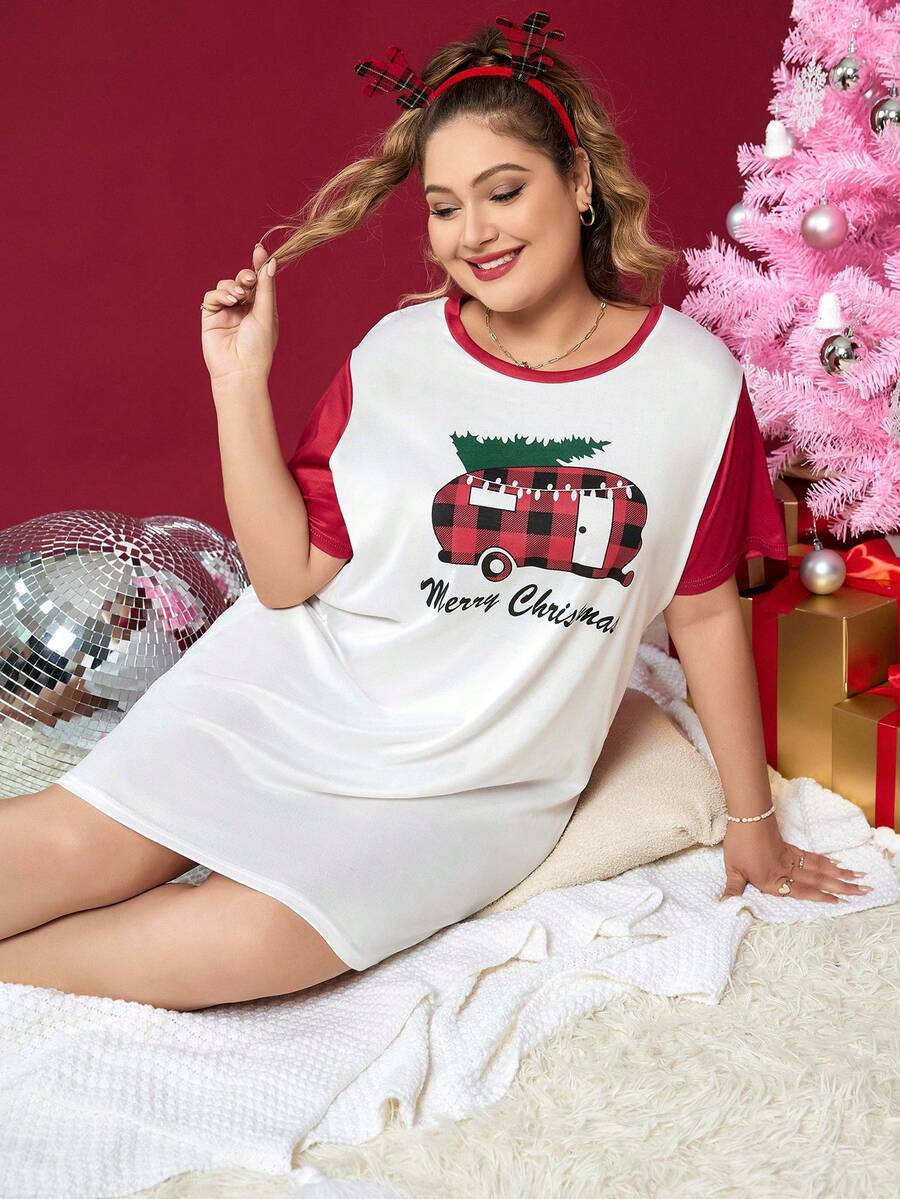 大碼聖誕圖案撞色滾邊睡裙 - 紅白色 - 查看 1