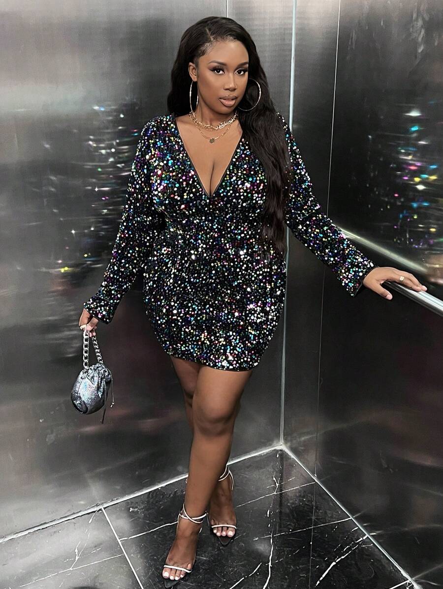 Slaydiva Plus Plunging Neck Sequin Bodycon Dress - Black - View 1