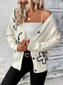 SHEIN Essnce Floral Pattern Drop Shoulder Cardigan - Beige - View 5