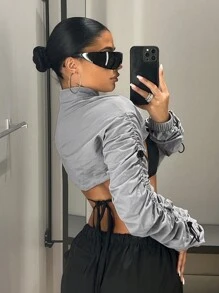 SHEIN ICON Drawstring Side Super Crop Jacket - Grey - View 6