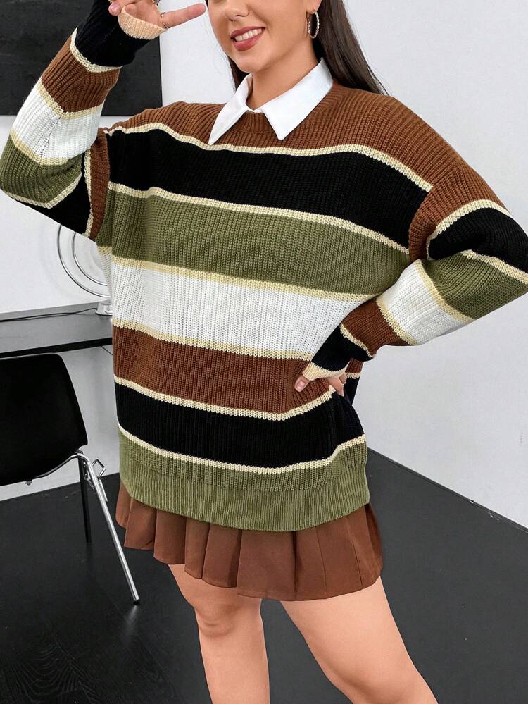 Plus Color Block Drop Shoulder Sweater Without Blouse Knit Pullover Fall Winter Sweater