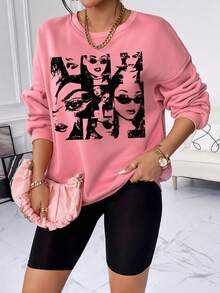 SHEIN EZwear Figure Graphic Drop Shoulder Sweatshirt - Pink - View 7