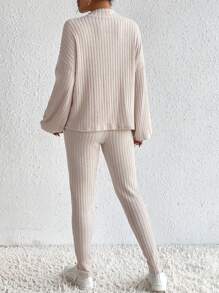 SHEIN Frenchy Mock Neck Drop Shoulder Tee & Leggings - Apricot - View 2