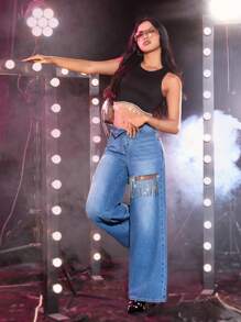 SHEIN Pha lê Viền rìa quần ống rộng Quần jean - Rửa trung bình - Xem 3
