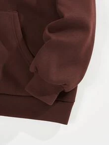 SHEIN EZwear 字母圖案拉鏈開襟落肩袖抽繩加絨內裏連帽衫 - 棕色 - 查看 3