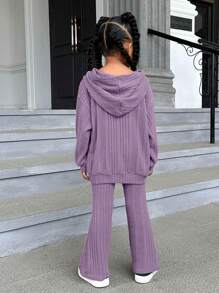 SHEIN 女小童字母貼布落肩袖連帽衫&喇叭褲 - 紫色 - 查看 2