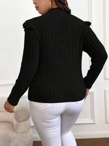 SHEIN Franclia Plus Cut Out Ruffle Trim Tee - Black - View 2