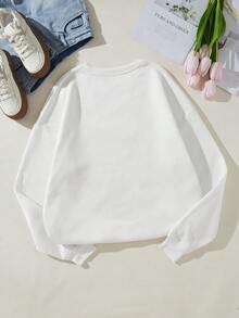 SHEIN Unity 大碼貓印花加絨內裏運動衫 - 白色 - 查看 2