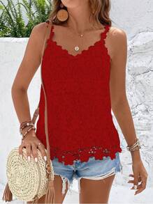 SHEIN VCAY Guipure Lace Cami Top - Red - View 1