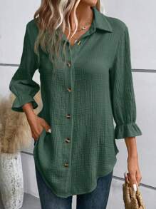 SHEIN Frenchy 素色前紐扣弧形下擺襯衫 - 墨綠色 - 查看 4