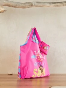 SHEIN X Masha and The Bear 粉紅色和藍色色塊可愛卡通人物,熊、太陽和雲朵圖案裝飾可折疊購物袋返校,老師禮物理想禮物,感謝禮物創意,欣賞禮物,印有字母的禮品袋,可重複使用,教師包教育者,媽媽理想新娘女傭禮物 - 粉色 - 查看 4