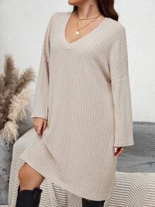 SHEIN LUNE Talla grande Vestido de hombros caídos tejido de canalé sin cinturón - Albaricoque - Ver 4