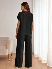 SHEIN LUNE Chất rắn tay cánh Áo thun & Quần ống rộng - màu đen - Xem 2