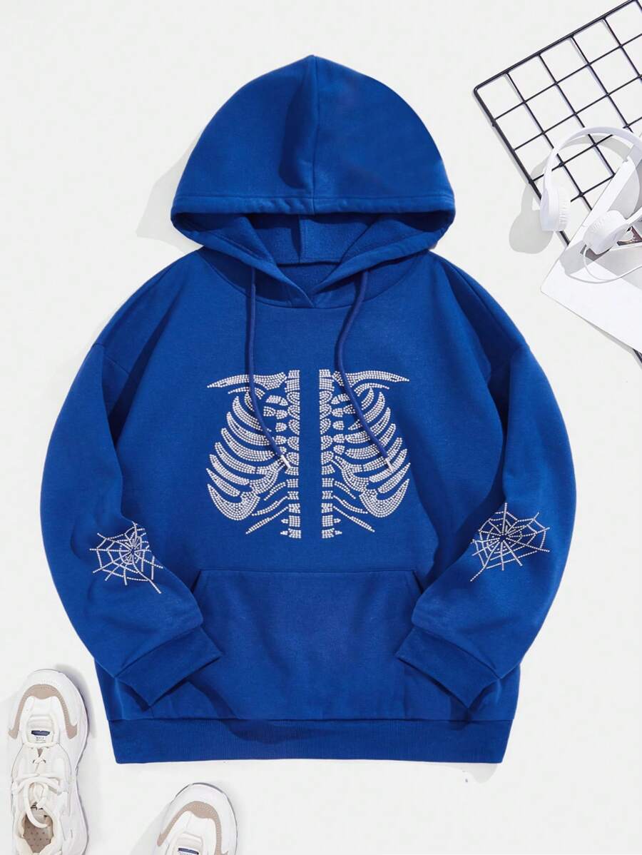 Flirla 加大码水钻骷髅图案袋鼠口袋抽绳保暖内衬卫衣 - 寶藍色 - 查看 1