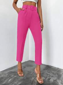 EURMUSE Solid Slant Pocket Belted Suit Pants - Hot Pink - View 3