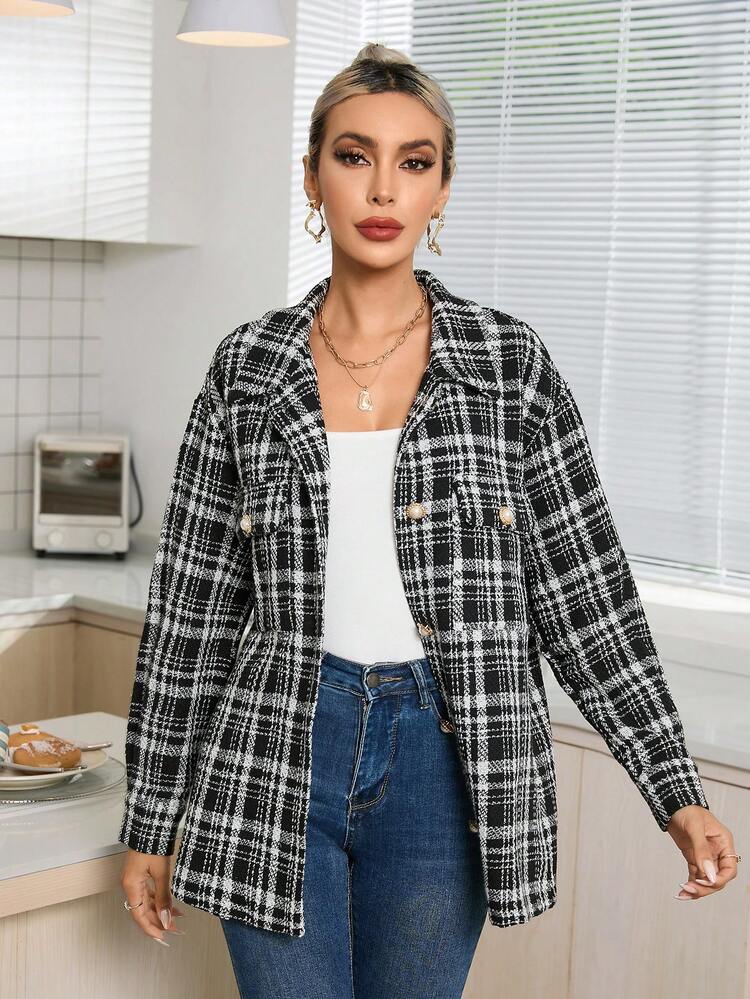 Plaid Print Button Front Drop Shoulder Overcoat Fall Cloth For Women