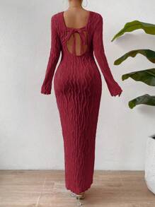 Chiquease 素色木耳邊後綁帶緊身洋裝 - 紅色 - 查看 2